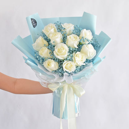 Blue Victory| Roses With Baby Breath Bouquet| Same Day Free Delivery