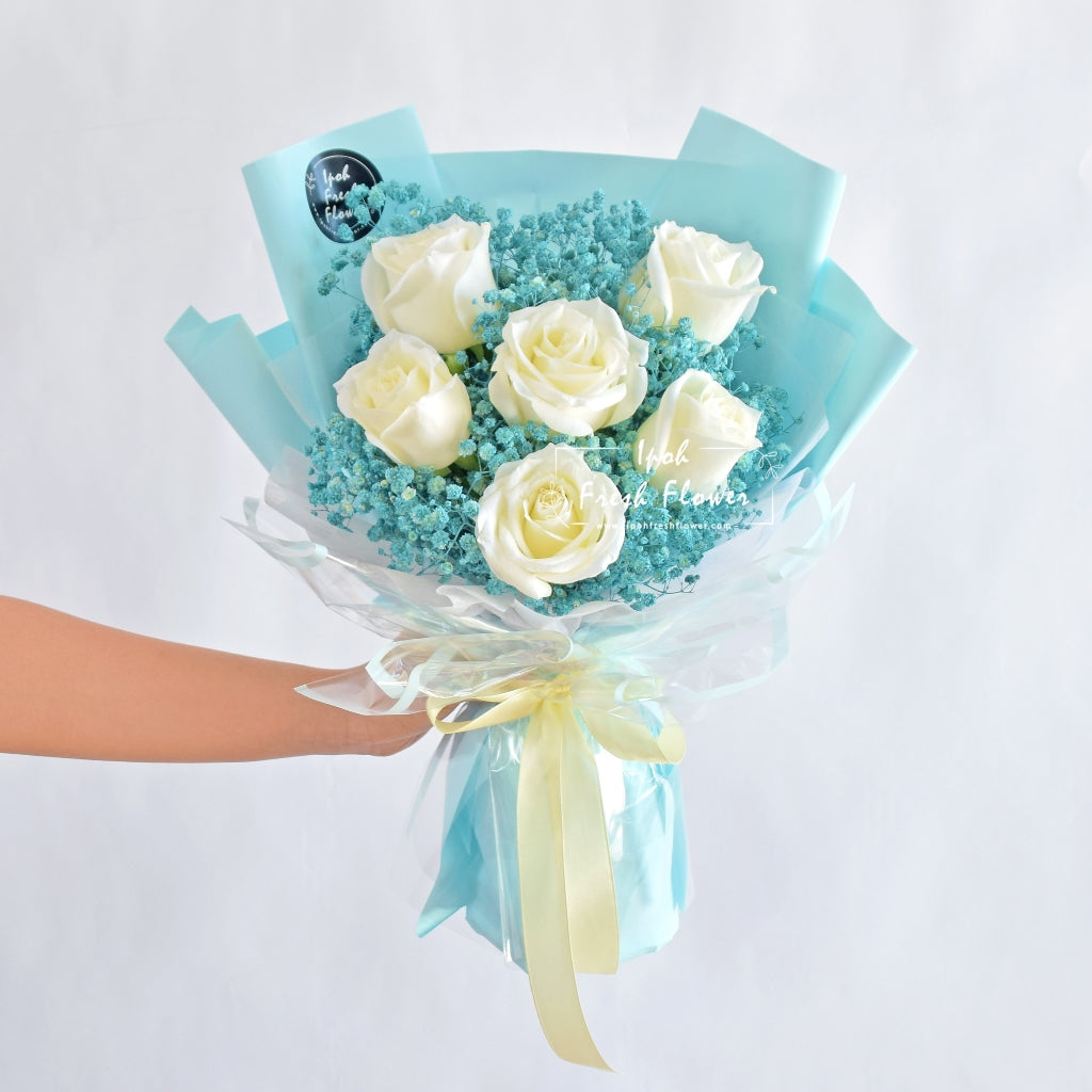 Blue Victory| Roses With Baby Breath Bouquet| Same Day Free Delivery