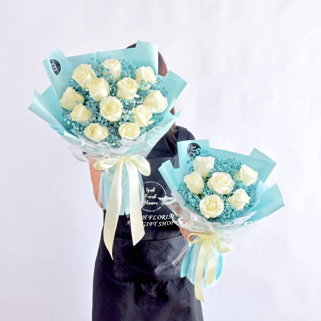 Blue Victory| Roses With Baby Breath Bouquet| Same Day Free Delivery