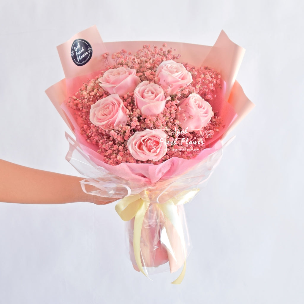 Fiona| Pink Roses With Baby Breath Bouquet| Same Day Free Delivery