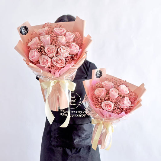 Fiona| Pink Roses With Baby Breath Bouquet| Same Day Free Delivery