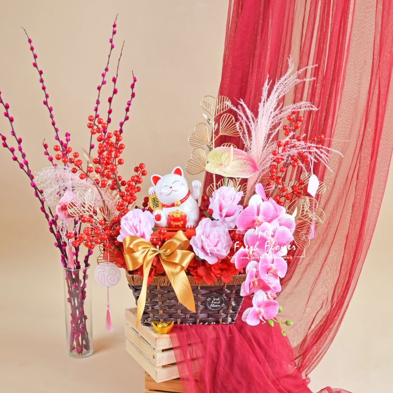 Joyous Abundance|CNY Fortune Lucky Cat Opening Flowers Arrangement