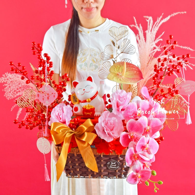 Joyous Abundance|CNY Fortune Lucky Cat Opening Flowers Arrangement