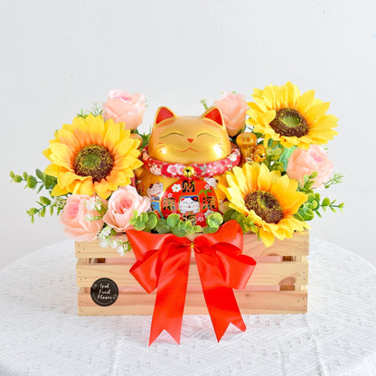 Sunshine Glow Fortune Lucky Cat Opening Flowers| Same Day Delivery