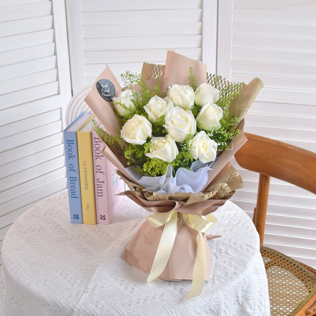 White Roses Fresh Flower Bouquet| Same Day Free Delivery