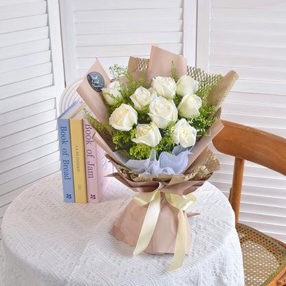 White Roses Fresh Flower Bouquet| Same Day Free Delivery