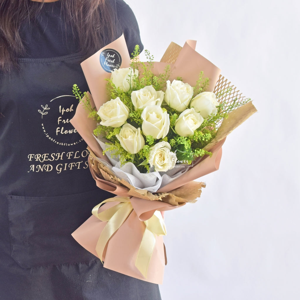 White Roses Fresh Flower Bouquet| Same Day Free Delivery