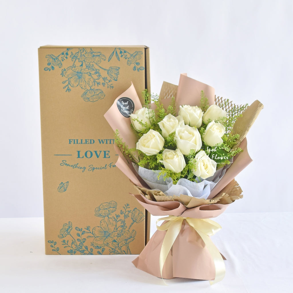 White Roses Fresh Flower Bouquet| Same Day Free Delivery